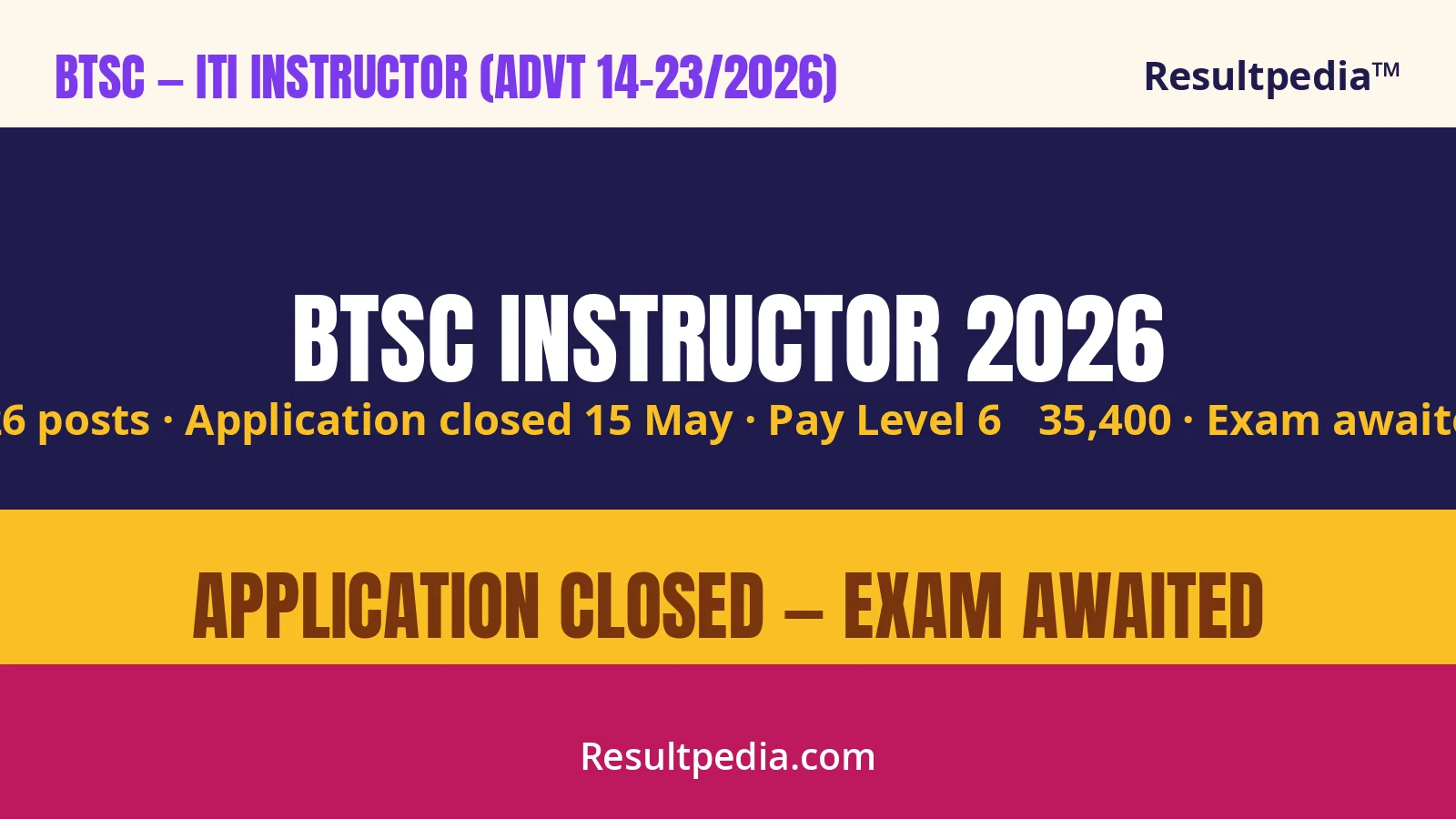 BTSC Instructor Recruitment 2026 — 726 ITI Posts (Advt 14-23/2026), Applications Closed 15 May