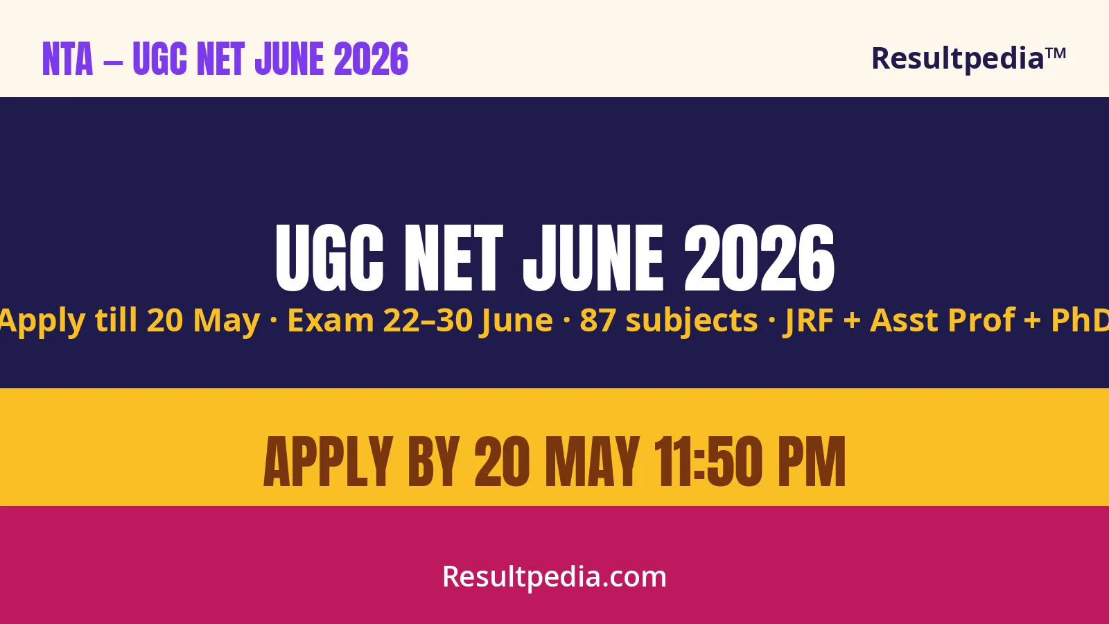 UGC NET June 2026 Online Form — Apply by 20 May at ugcnet.nta.ac.in for JRF + Asst Professor + PhD