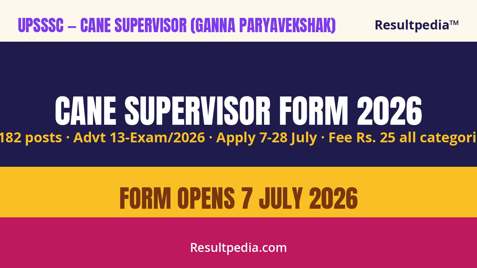 UPSSSC Cane Supervisor Online Form 2026: 1,182 Posts, Apply 7-28 July at upsssc.gov.in