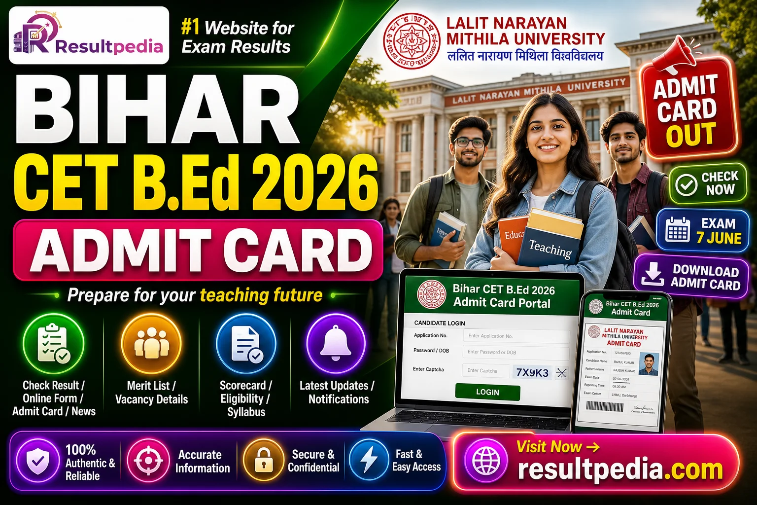 Bihar CET B.Ed 2026 Admit Card — Exam 7 June at biharcetbed-lnmu.in — Resultpedia banner