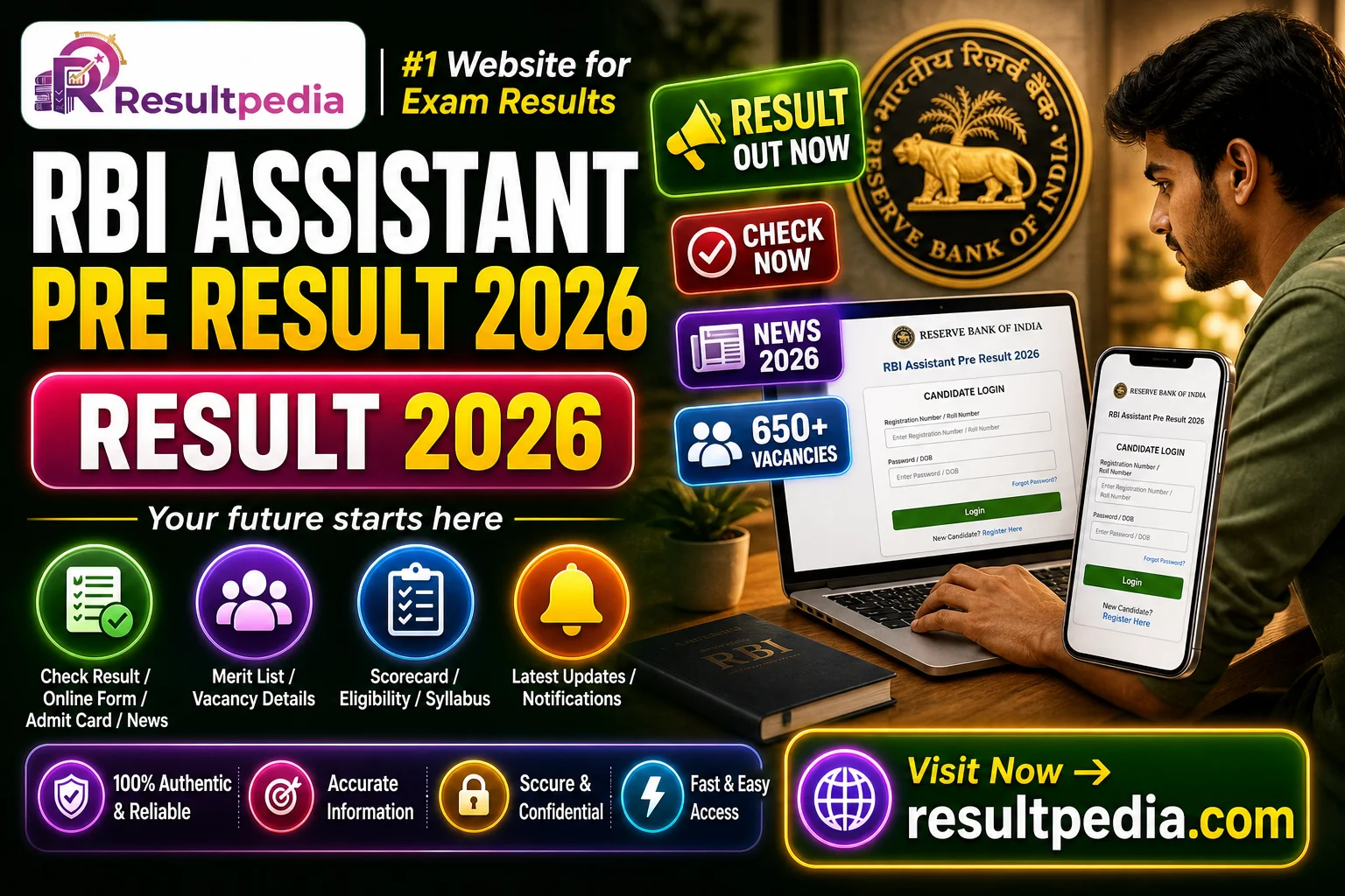 RBI Assistant Pre Result 2026 — Resultpedia banner