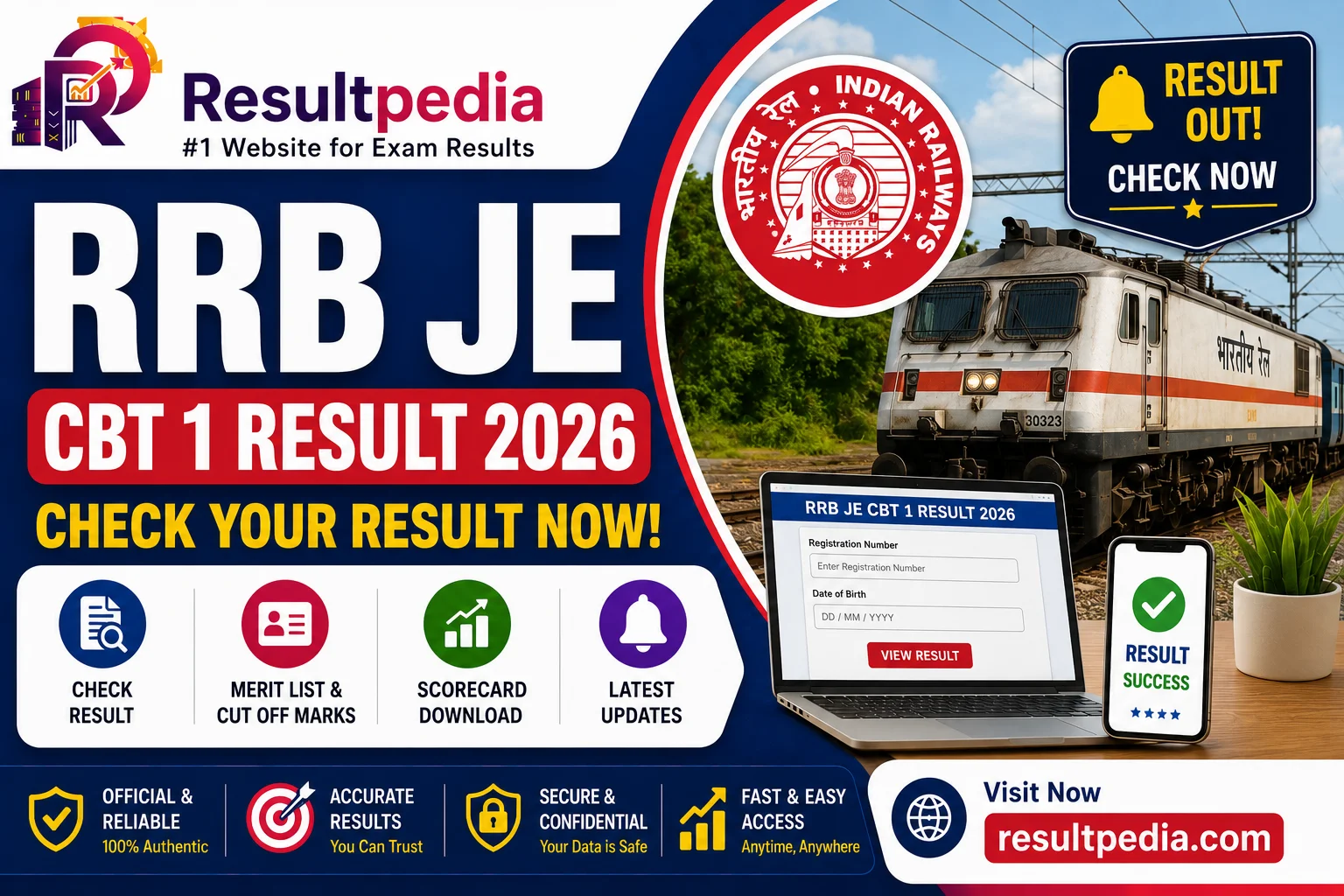RRB JE CBT-I Result 2026 — Junior Engineer Stage 1 Result + Cut-off at rrbcdg.gov.in (CEN 03/2024)