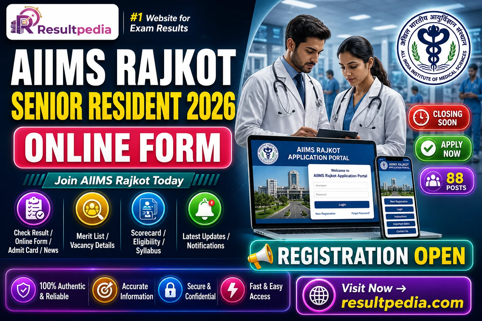 AIIMS Rajkot Senior Resident 2026 — 88 Posts (Closing Soon) — Resultpedia banner