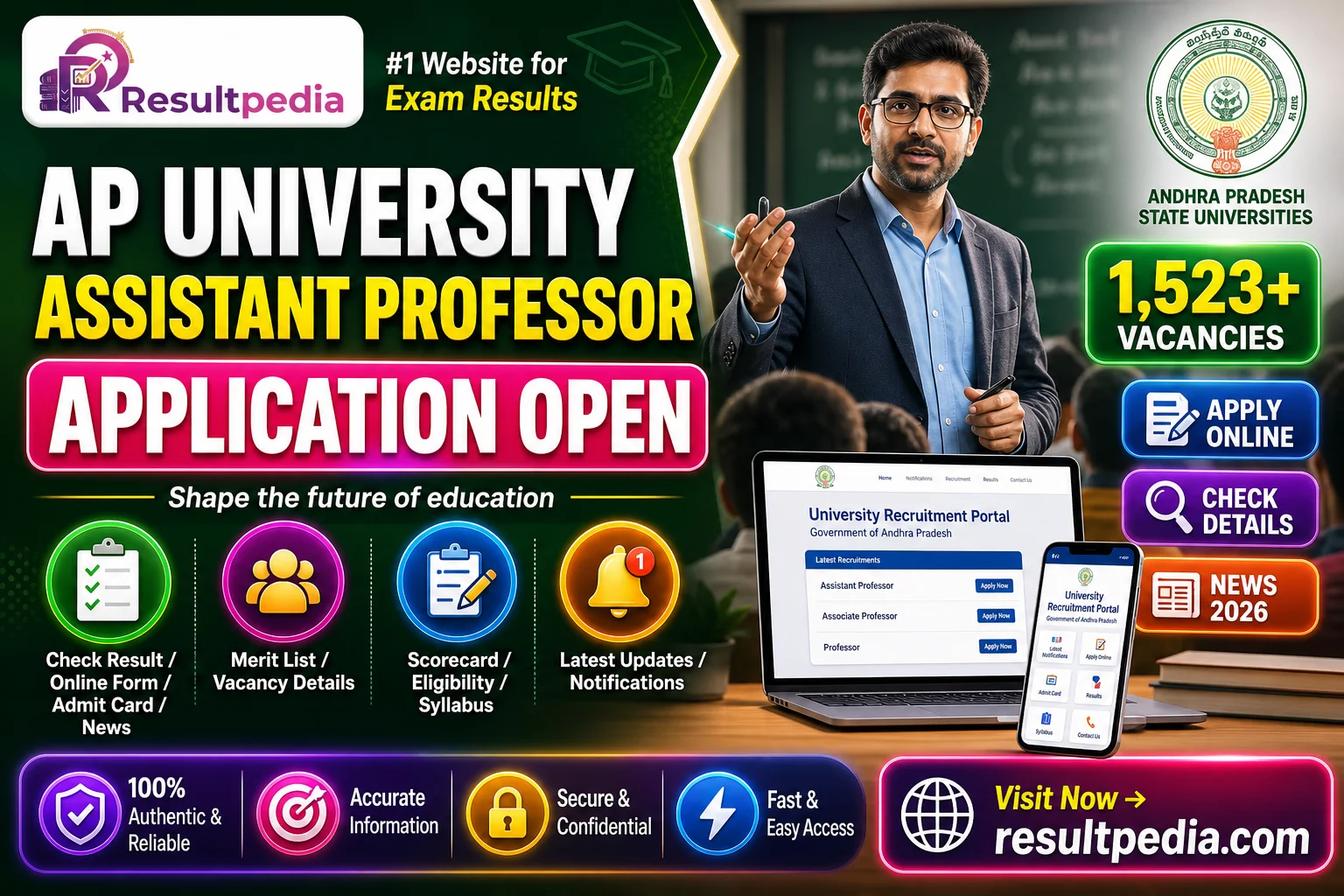 AP University Assistant Professor Recruitment 2026 — 1,523 Posts — Resultpedia banner