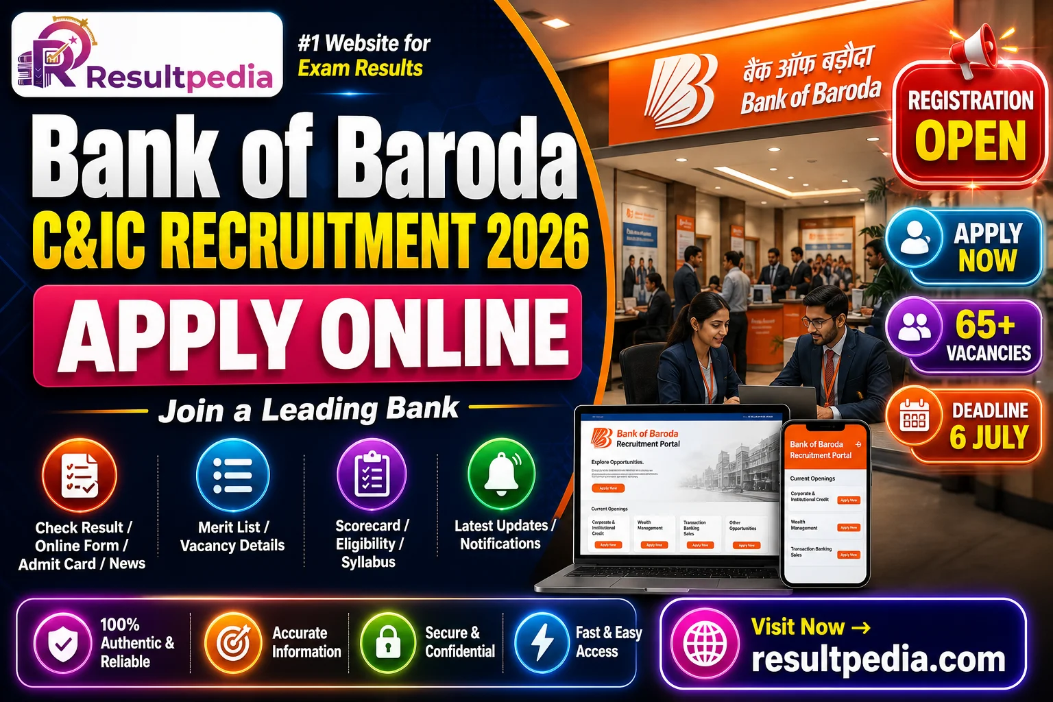 Bank of Baroda C&IC Contractual Recruitment 2026 — 65 VP/DVP/AVP Posts, Apply by 6 July — Resultpedia banner