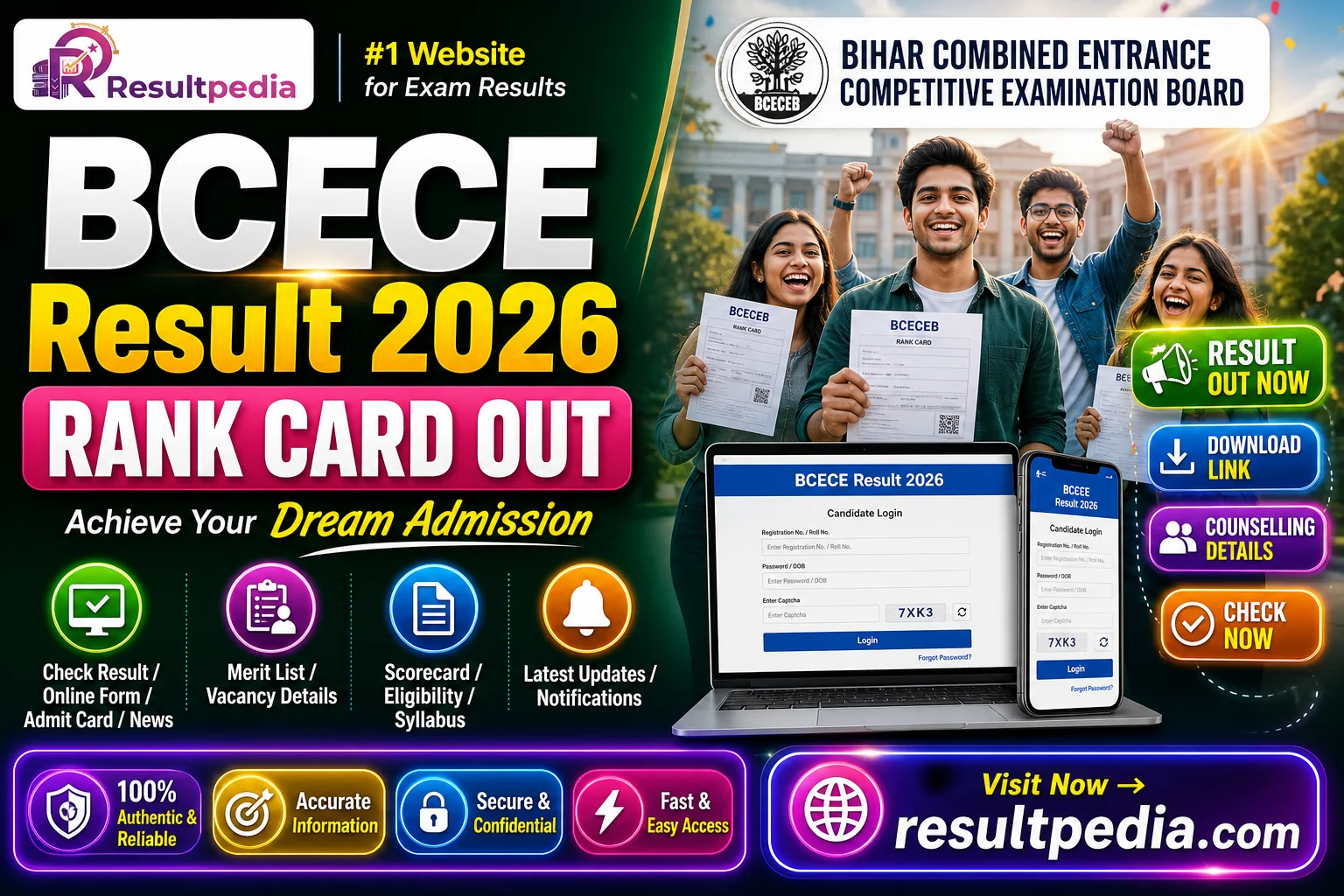 BCECE Result 2026 — Rank Card Out, Download Link & Counselling — Resultpedia banner