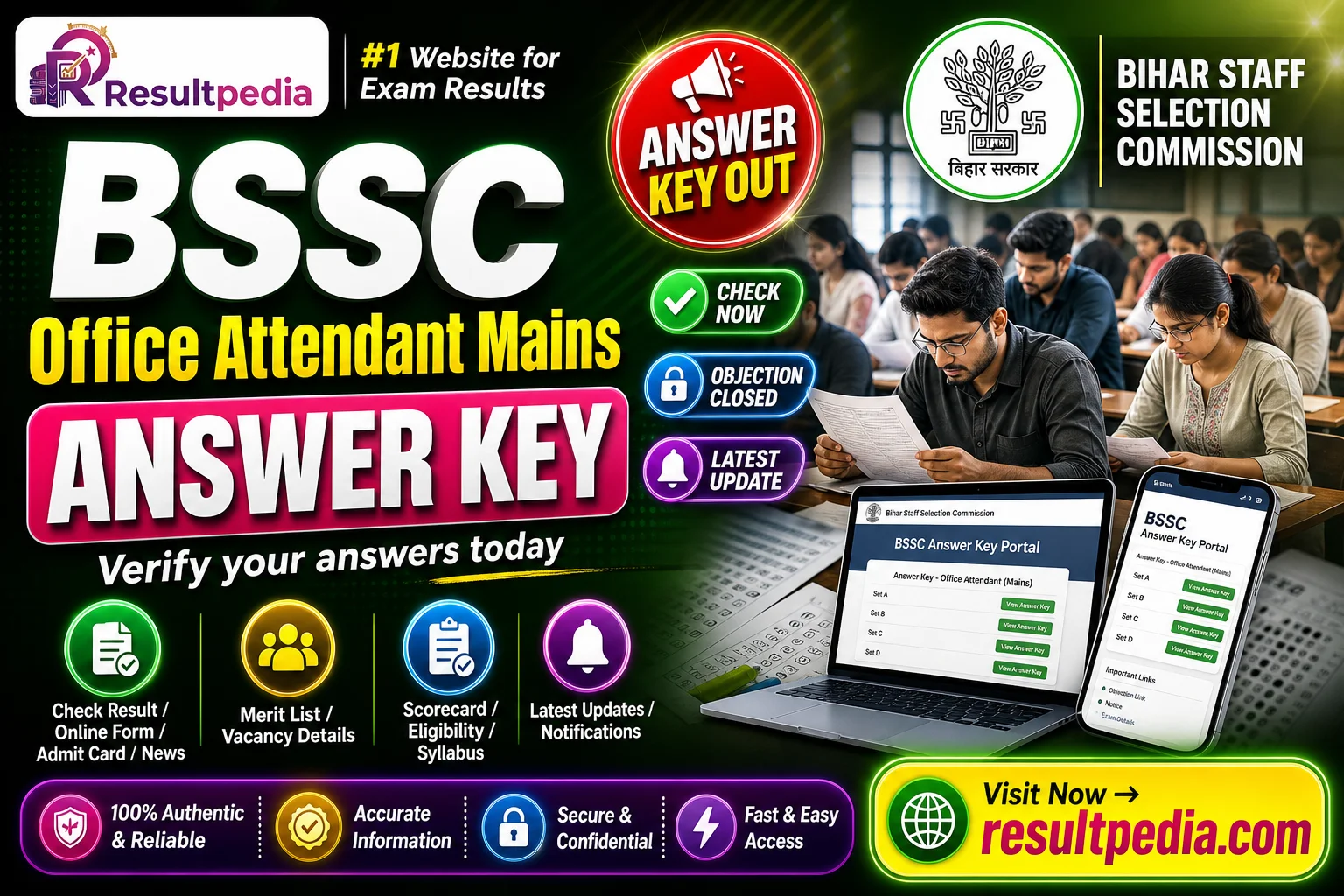 Bihar BSSC Office Attendant Mains Answer Key 2026 — Objection Window Closed — Resultpedia banner