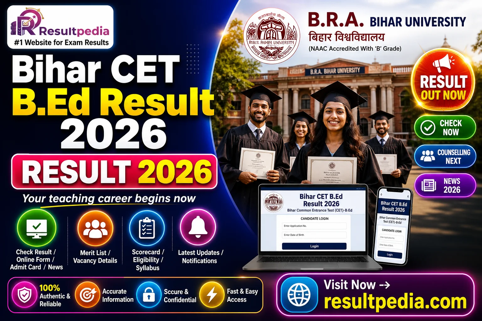 Bihar CET B.Ed Result 2026 — Out at biharcetbed-brabu.in, Counselling Next — Resultpedia banner