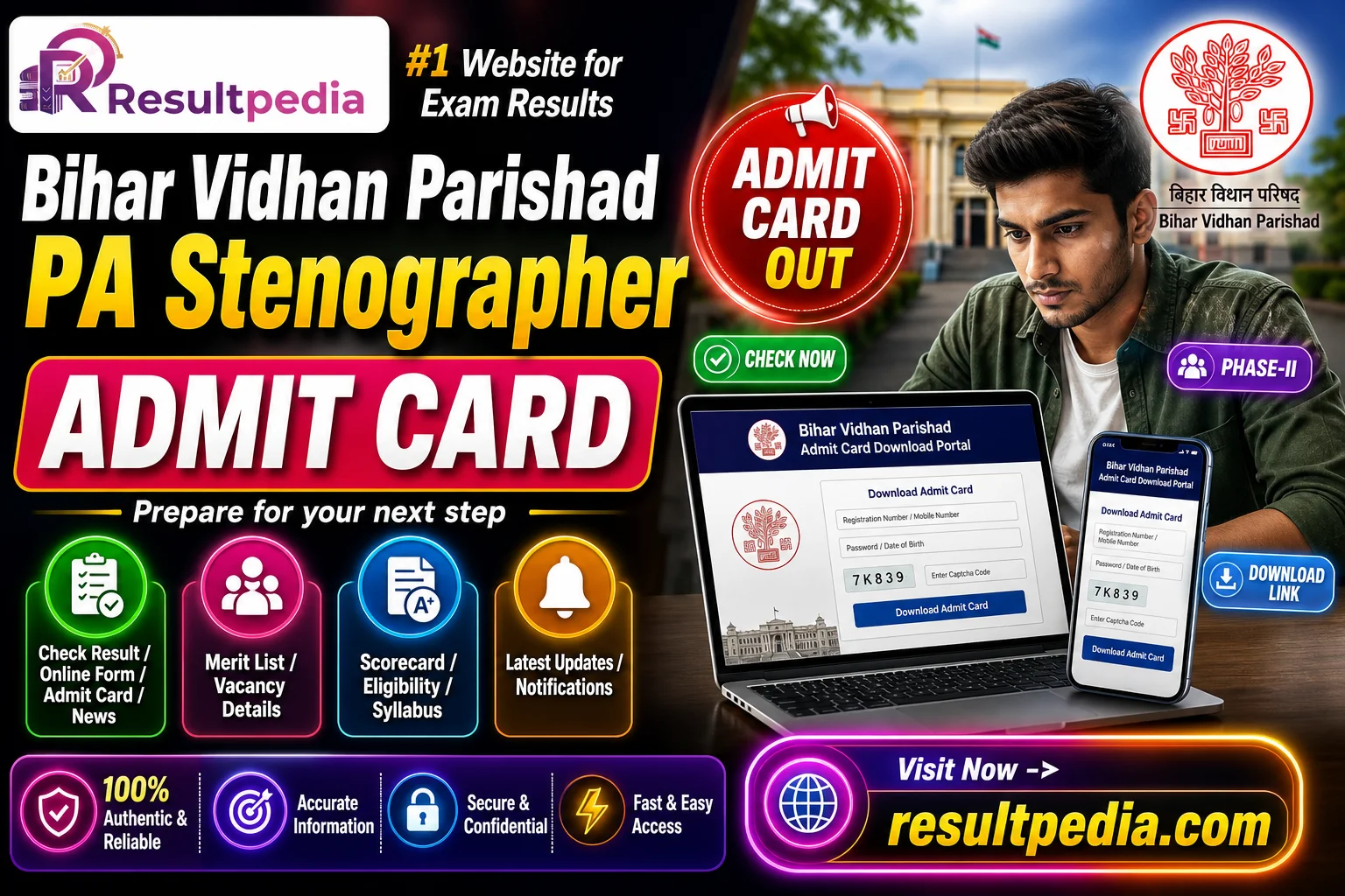 Bihar Vidhan Parishad PA Stenographer Phase-II Admit Card 2026 — Direct Link Active — Resultpedia banner