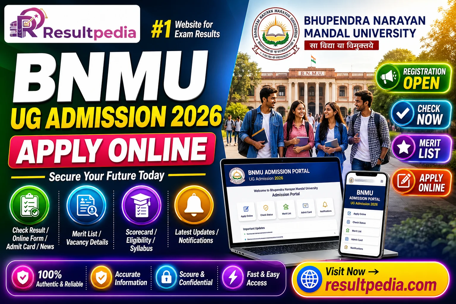 BNMU UG Admission 2026 — Apply Online, Merit List (Madhepura) — Resultpedia banner