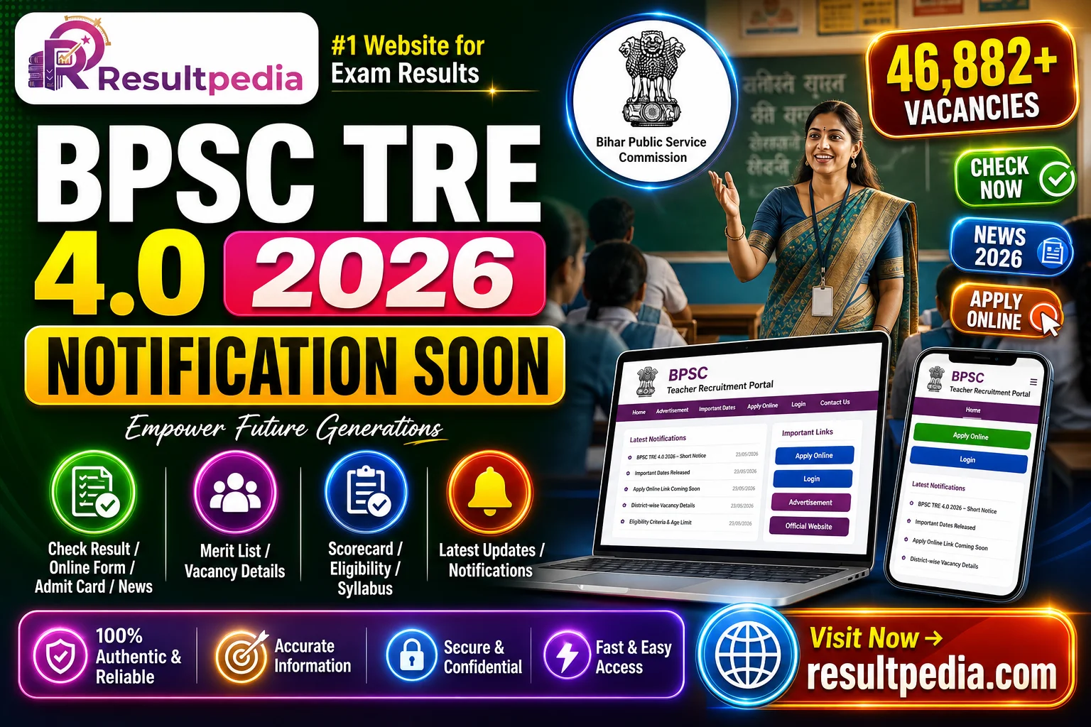 BPSC TRE 4.0 2026 — 46,882 Bihar School Teacher Posts, Exam 22–27 September at bpsc.bihar.gov.in — Resultpedia banner
