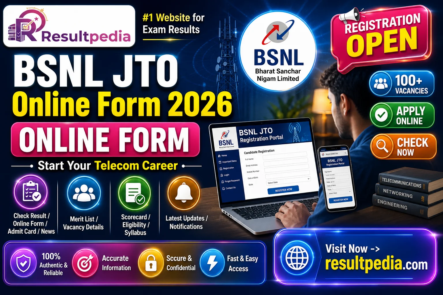 BSNL JTO Online Form 2026 — 100 Posts (Junior Telecom Officer) — Resultpedia banner