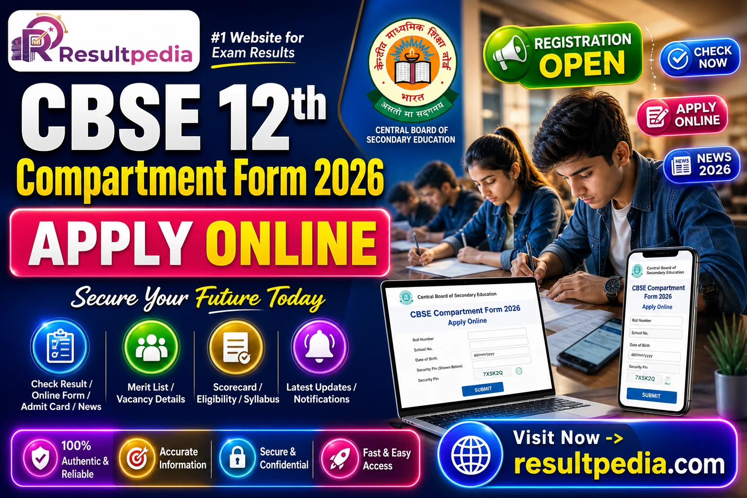CBSE 12th Compartment Form 2026 — Apply, Date, Fee — Resultpedia banner