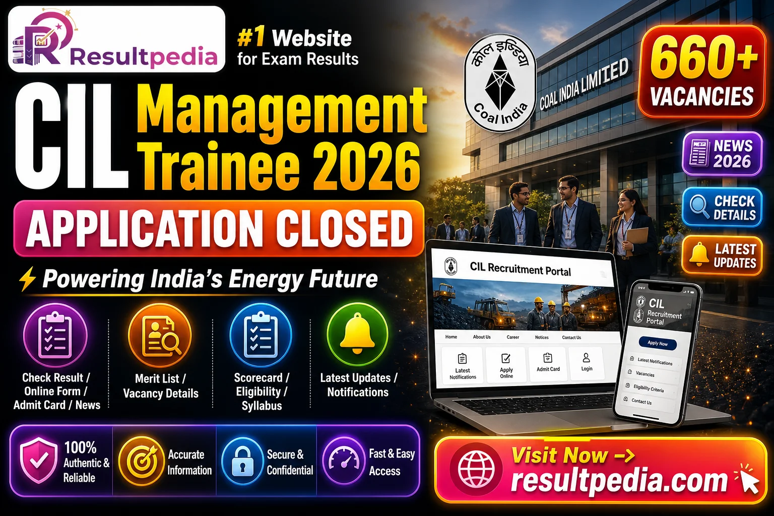Coal India CIL Management Trainee Recruitment 2026 — 660 Posts (CBT, No Interview) — Resultpedia banner