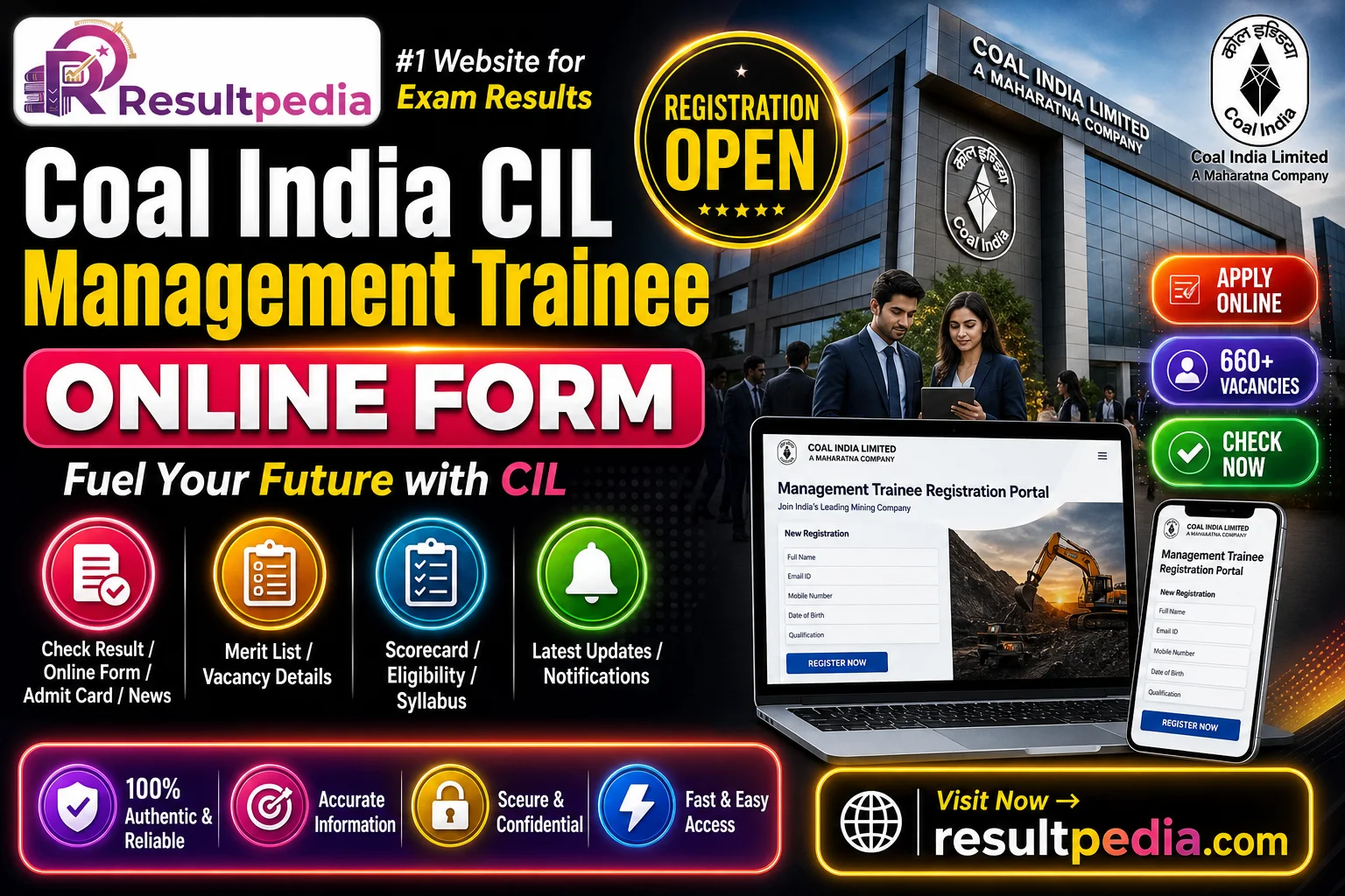 Coal India CIL Management Trainee (CBT) Online Form 2026 — 660 Posts — Resultpedia banner
