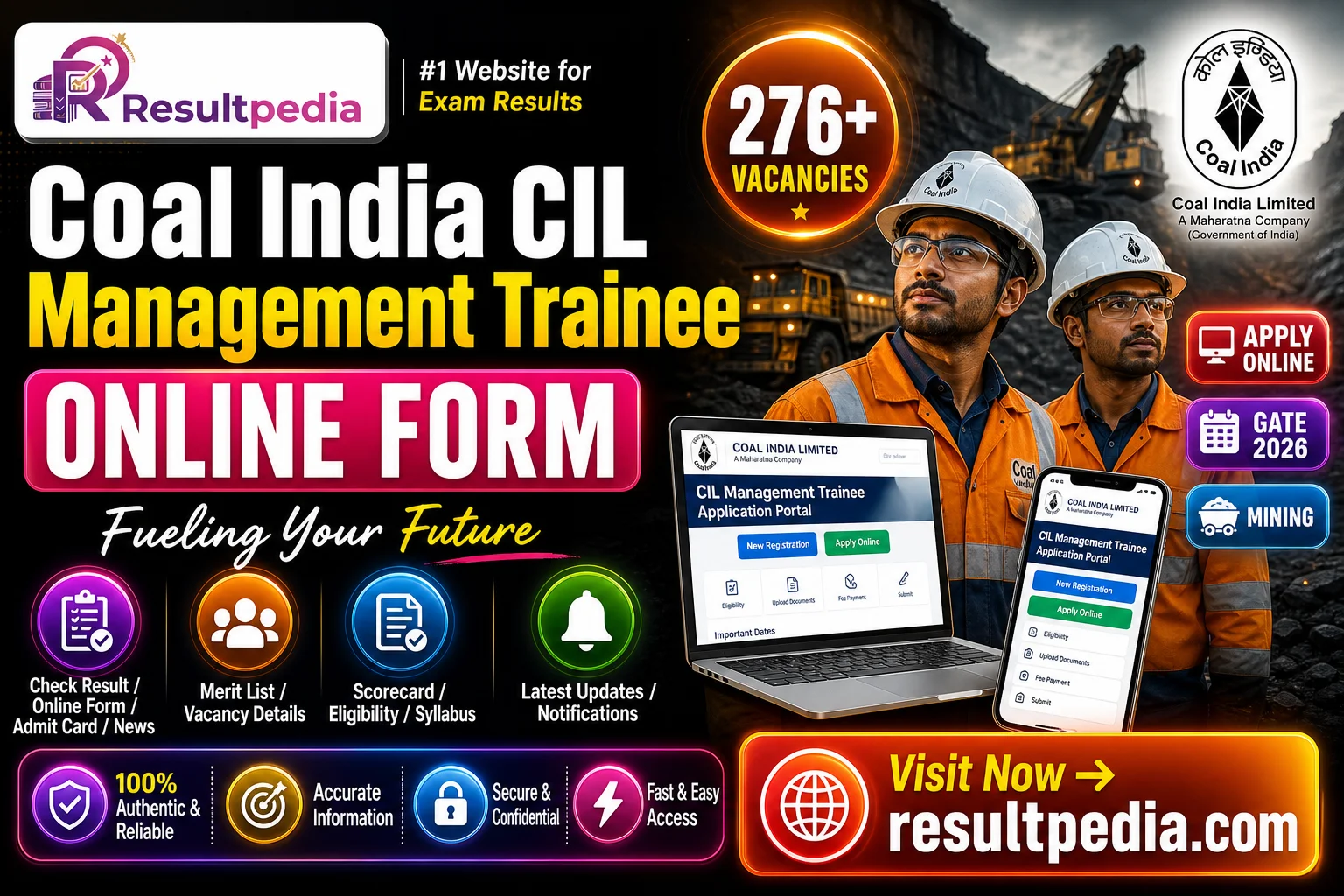 Coal India CIL Management Trainee (GATE) Mining Online Form 2026 — 276 Posts — Resultpedia banner