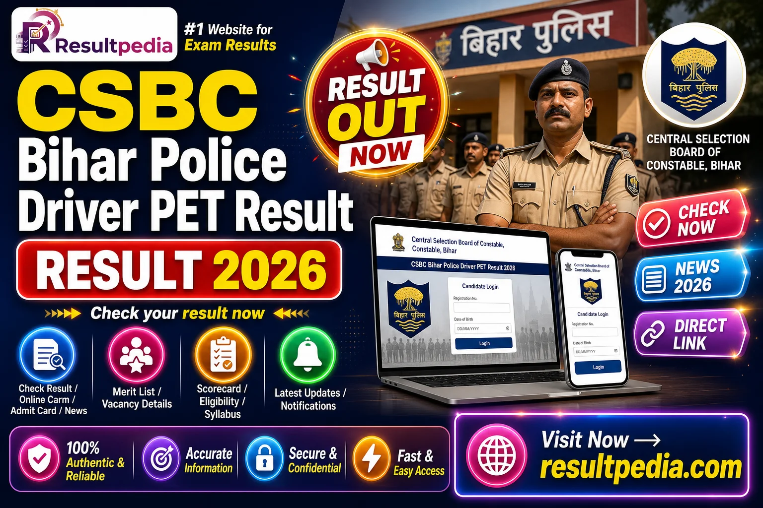 CSBC Bihar Police Driver PET Result 2026 — Direct Link Active — Resultpedia banner