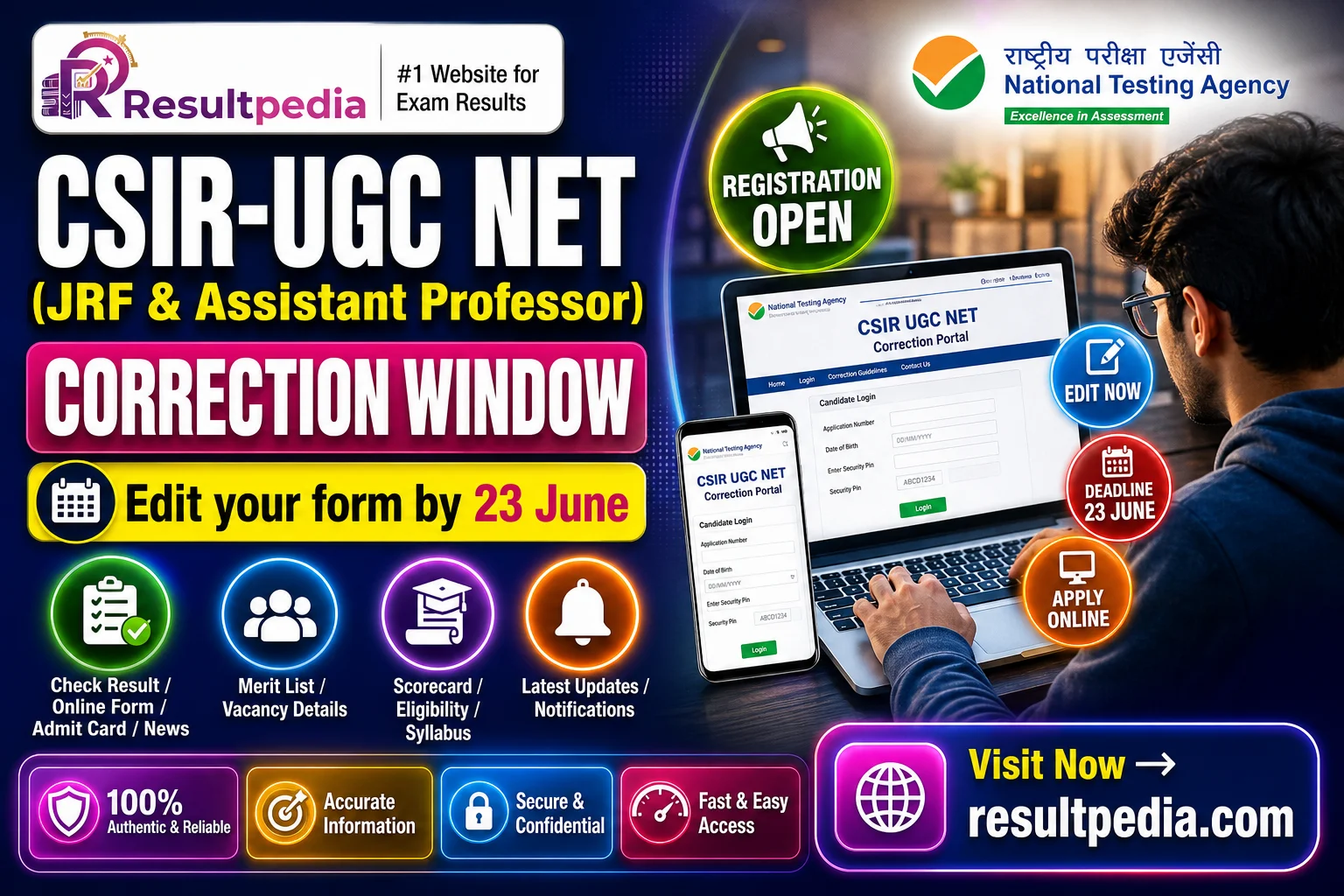 CSIR UGC NET June 2026 Correction Window — Edit Form by 23 June — Resultpedia banner