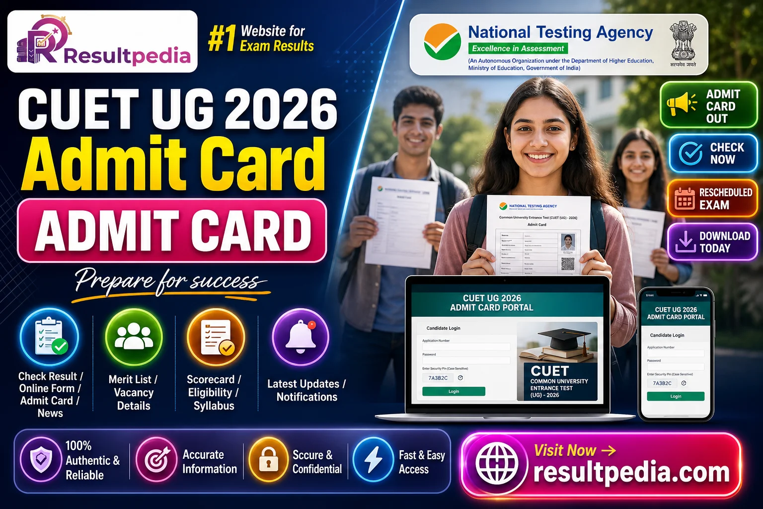 CUET UG 2026 Admit Card — Rescheduled Exam Hall Ticket Download (31 May, 6 & 7 June) — Resultpedia banner