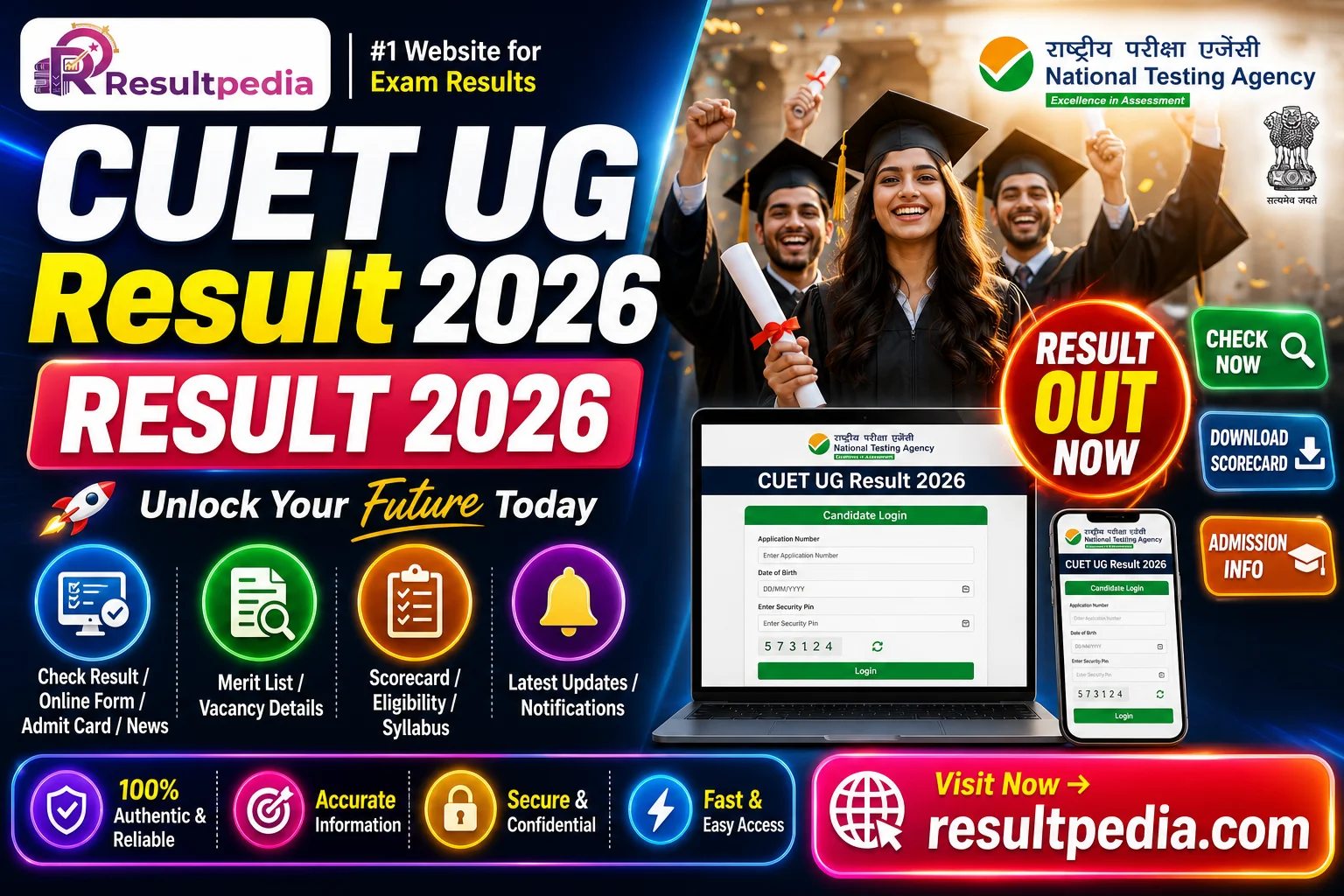CUET UG Result 2026 — Out at cuet.nta.nic.in, Download Your Scorecard — Resultpedia banner