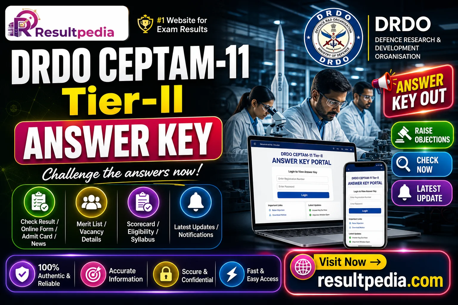 DRDO CEPTAM-11 Tier-II Answer Key 2026 — Out at drdo.gov.in, Raise Objections — Resultpedia banner