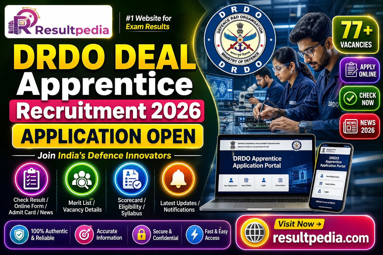 DRDO DEAL Apprentice Recruitment 2026 — 77 Posts (Graduate, Diploma & ITI) — Resultpedia banner
