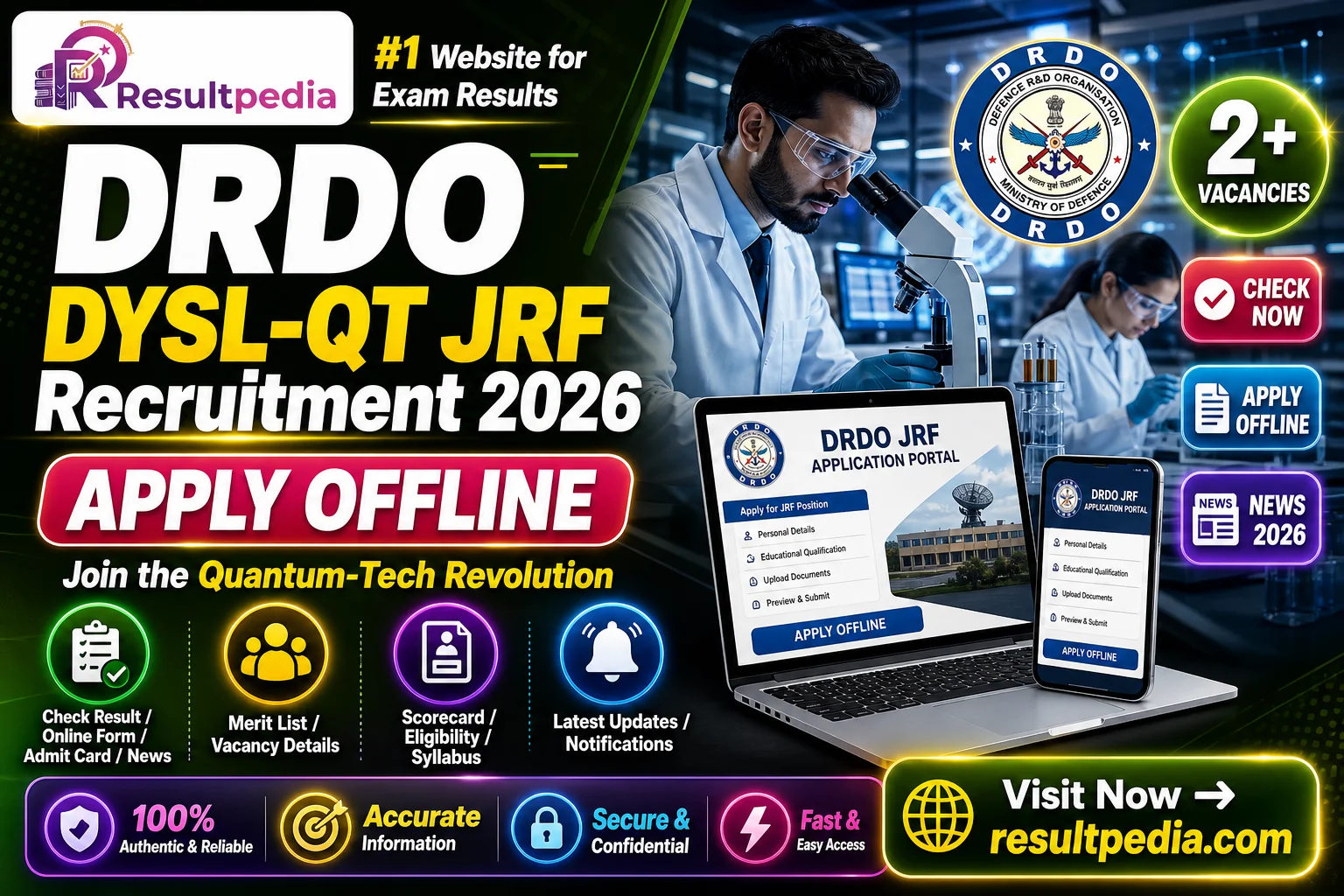 DRDO DYSL-QT JRF Recruitment 2026 — 2 Quantum-Tech Fellowship Posts (Apply Offline) — Resultpedia banner