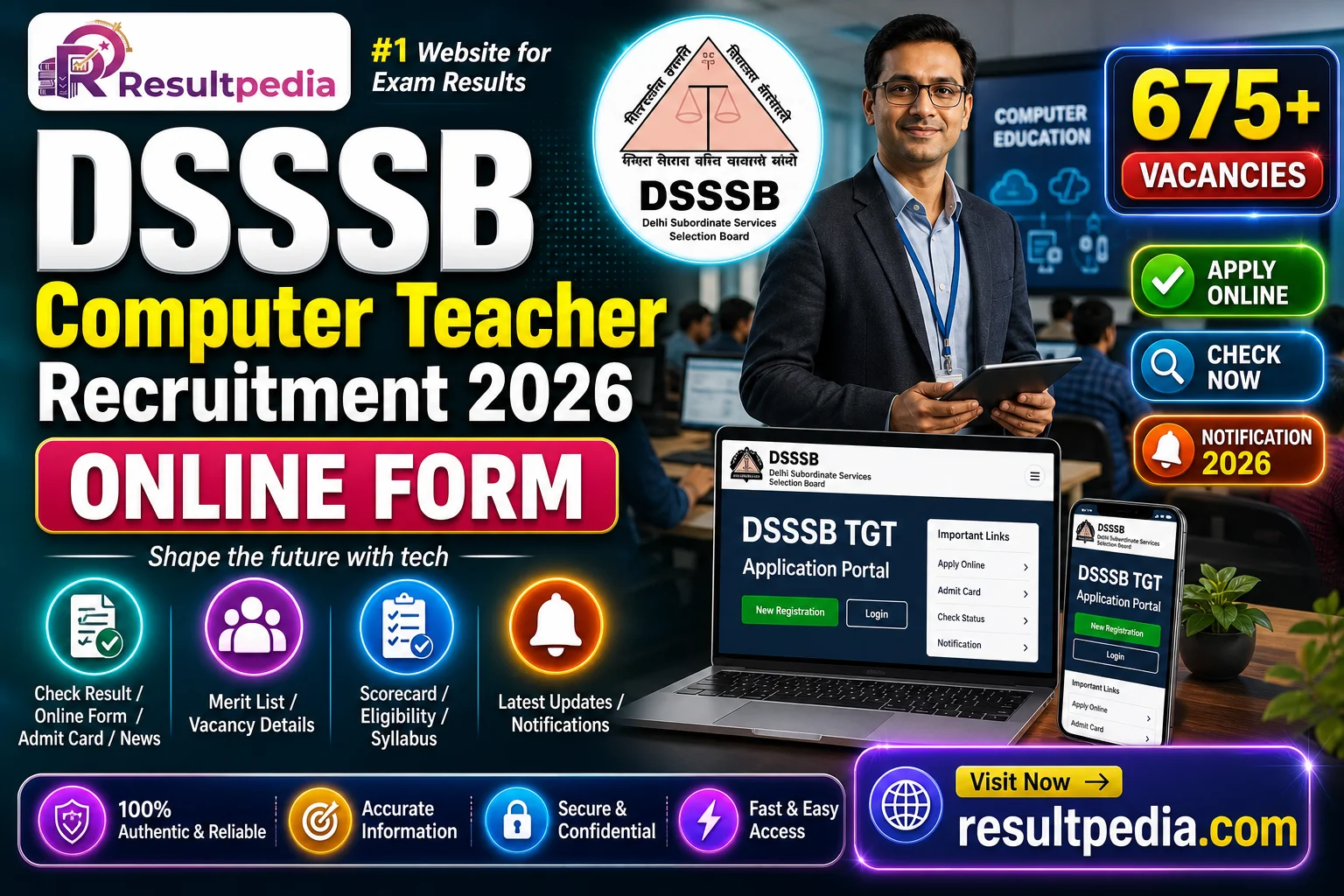 DSSSB Computer Teacher (TGT Computer Science) Recruitment 2026 — 675 Posts — Resultpedia banner
