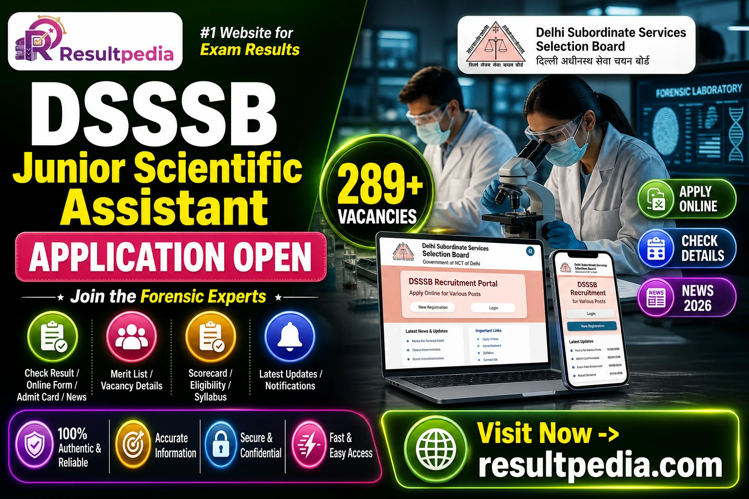 DSSSB Junior Scientific Assistant (Forensic) Recruitment 2026 — 289 Posts — Resultpedia banner