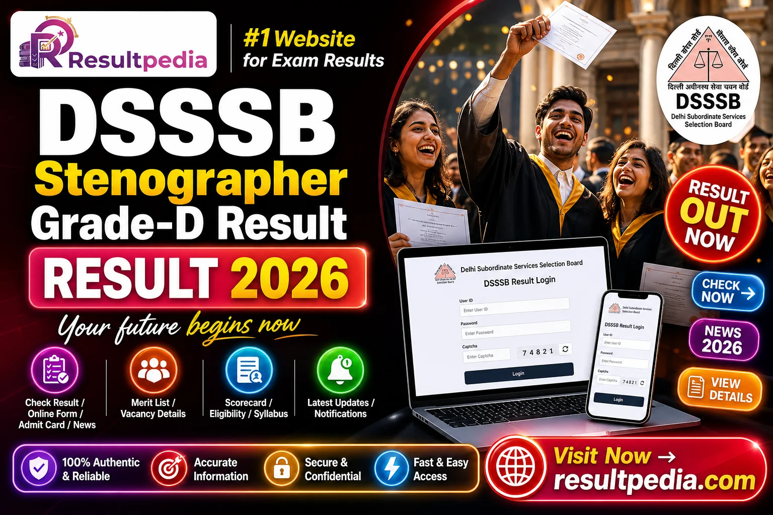 DSSSB Stenographer Grade-D Result 2026 Declared (Advt 05/2024) — Resultpedia banner