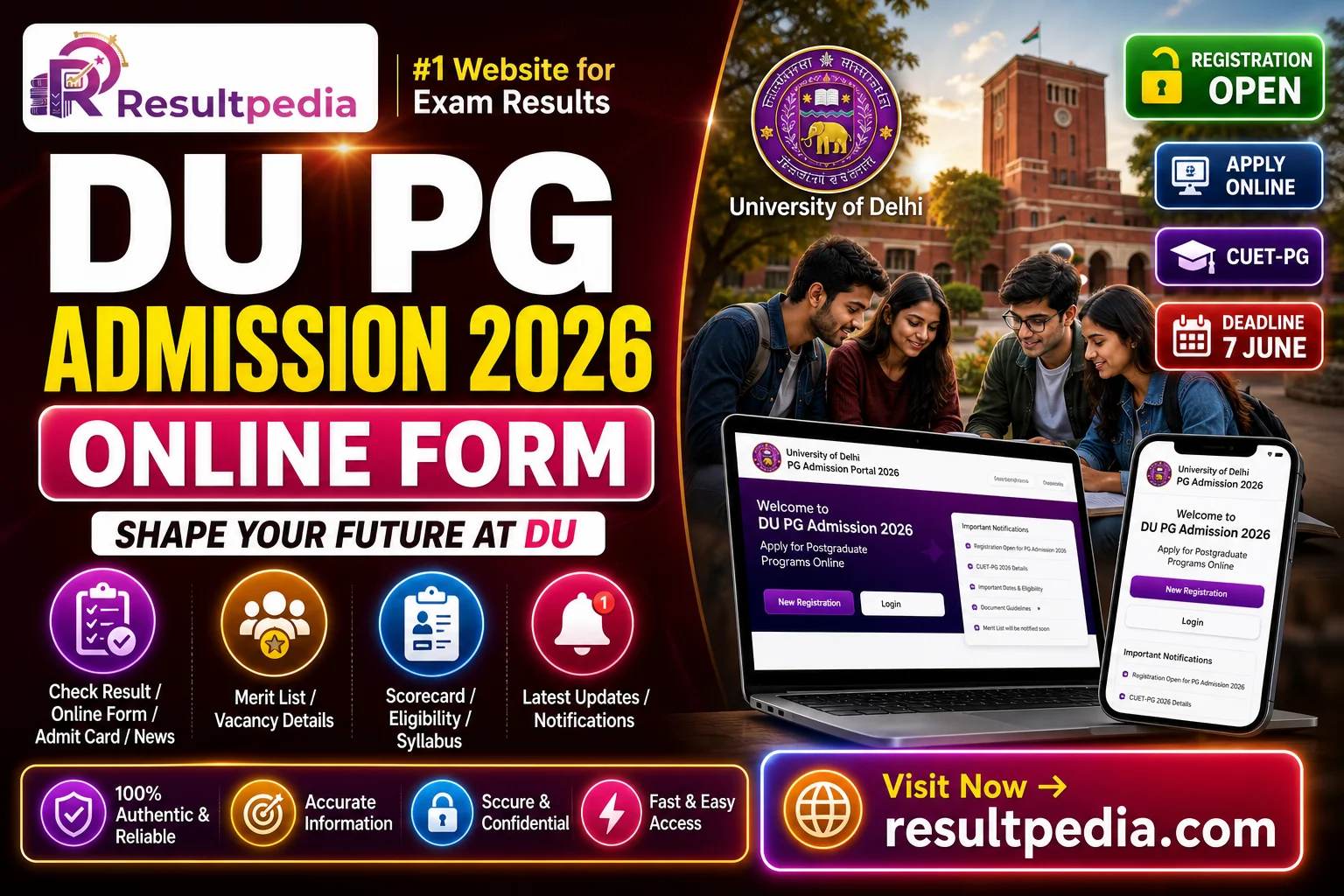 DU PG Admission 2026 (CSAS-PG) — Apply by 7 June, CUET-PG — Resultpedia banner