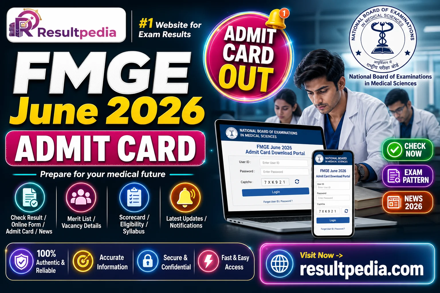FMGE June 2026 — Exam 28 June, Admit Card & Pattern — Resultpedia banner