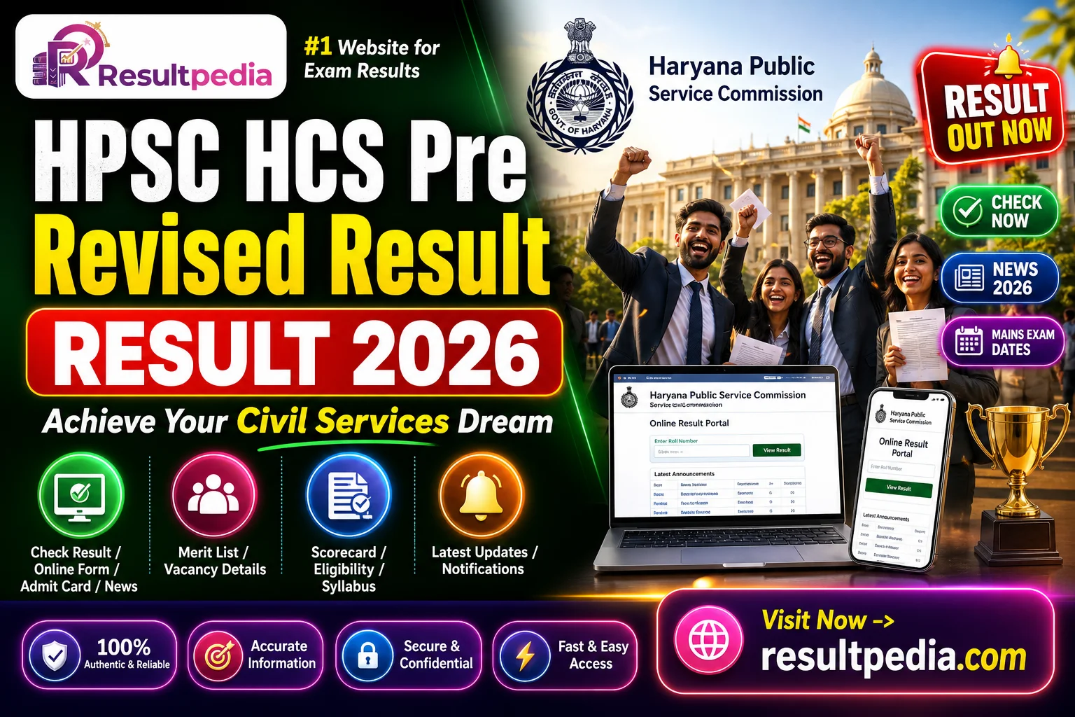 HPSC HCS Pre Revised Result 2026 OUT — Mains Exam 27-29 June — Resultpedia banner