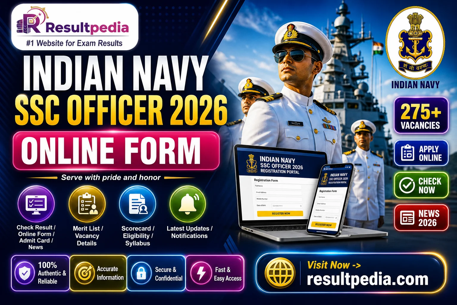 Indian Navy SSC Officer 2026 — 275 Posts Online Form (June 2027 Course) — Resultpedia banner