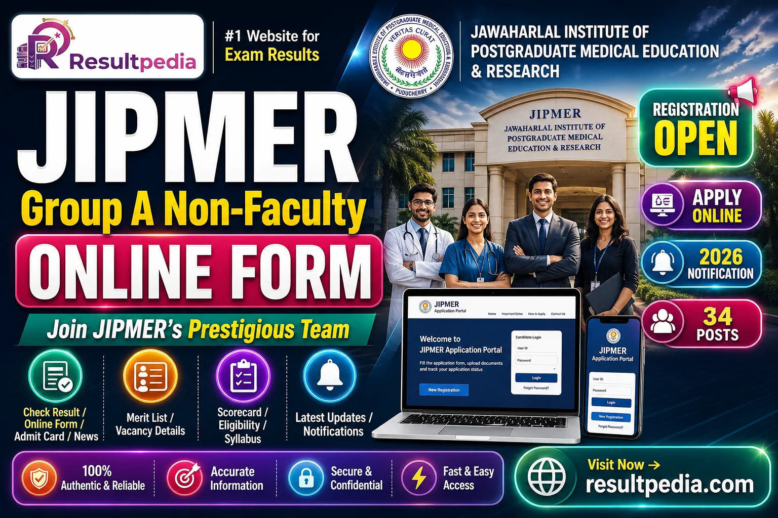 JIPMER Group A Non-Faculty Online Form 2026 — 34 Posts, Apply by 1 July — Resultpedia banner