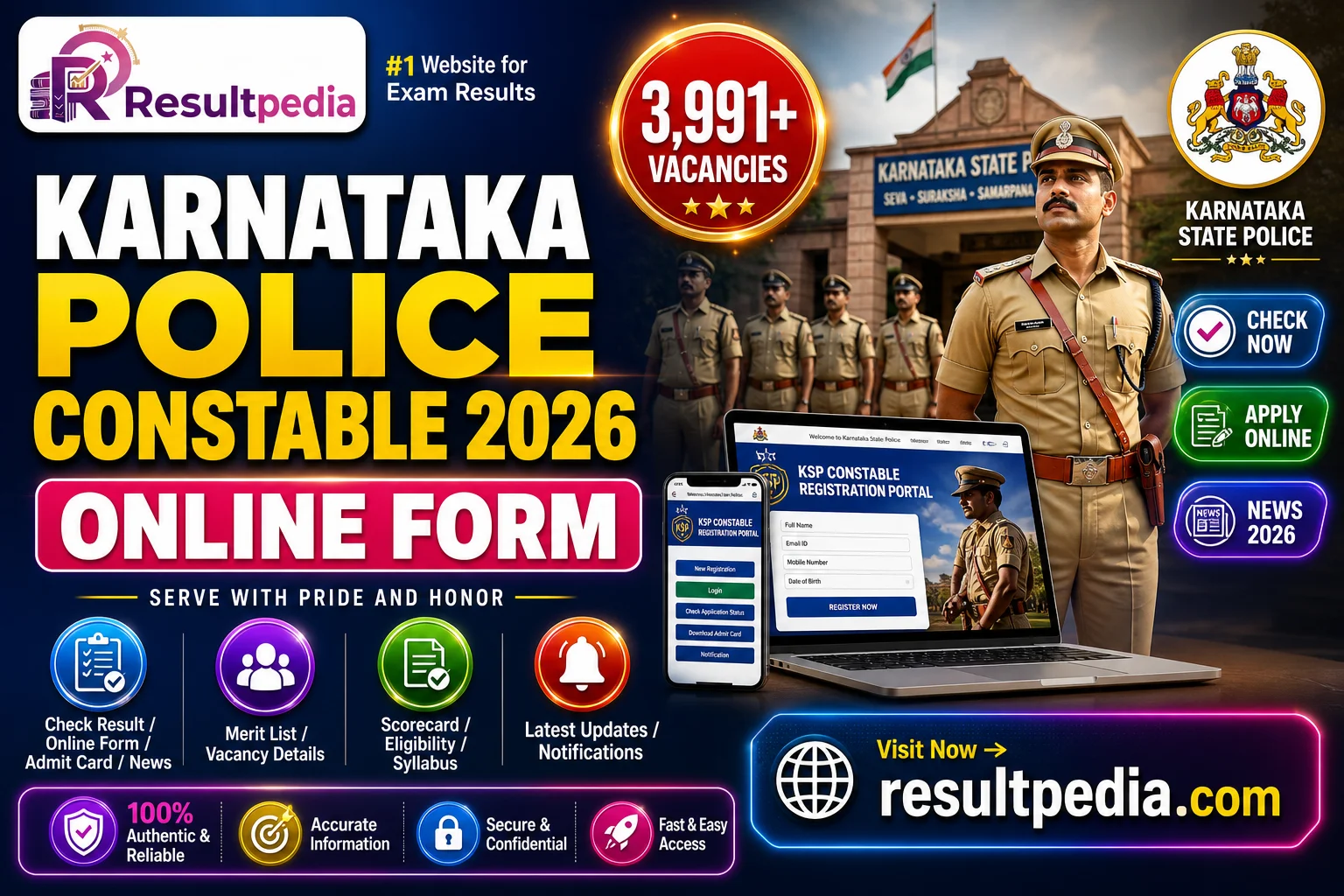 Karnataka Police Constable 2026 — 3,991 Civil Constable Online Form (KSP) — Resultpedia banner