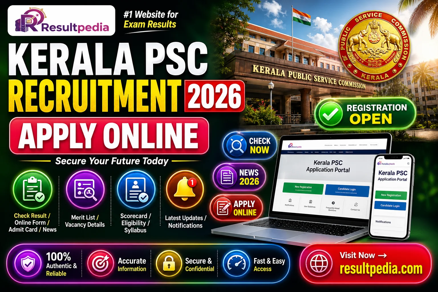 Kerala PSC Recruitment June 2026 — 16 Categories, Apply Online — Resultpedia banner