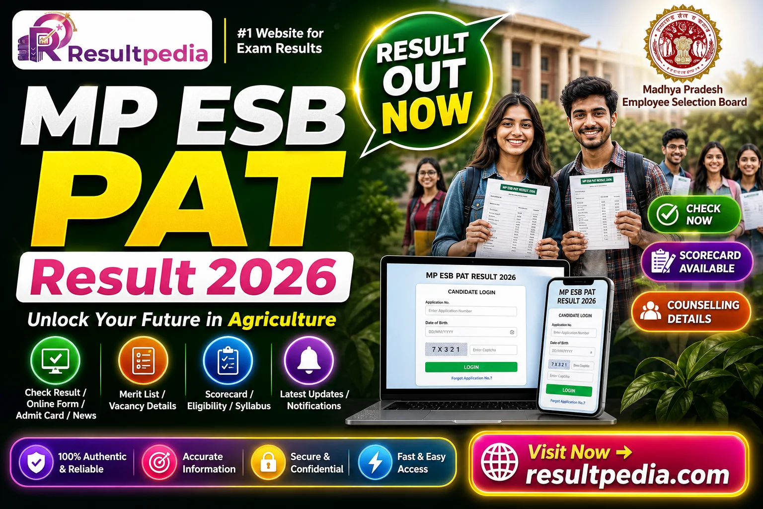 MP ESB PAT Result 2026 — Pre-Agriculture Test Scorecard & Counselling — Resultpedia banner