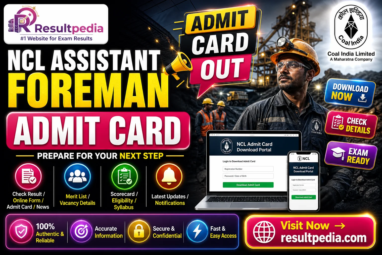 NCL Assistant Foreman Admit Card 2026 — Direct Link Active — Resultpedia banner