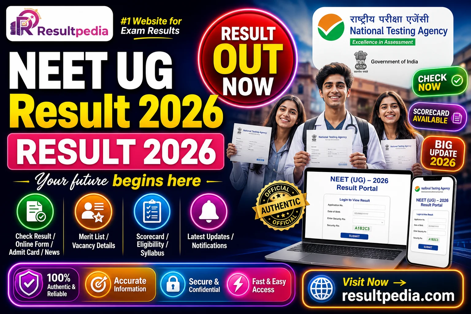NEET UG Result 2026 (Awaited) — Date, Re-Exam & Scorecard — Resultpedia banner