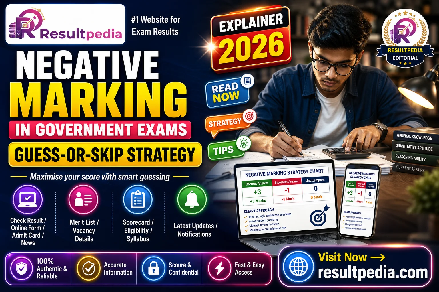 Negative Marking in Government Exams: The Schemes and a Guess-or-Skip Strategy