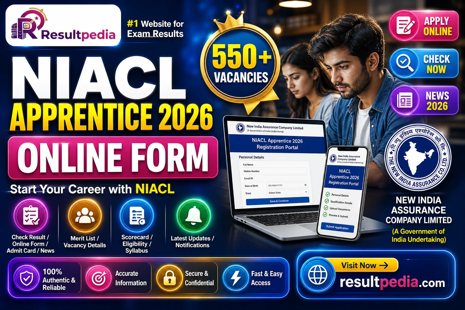 NIACL Apprentice 2026 — 550 Posts Online Form (New India Assurance) — Resultpedia banner