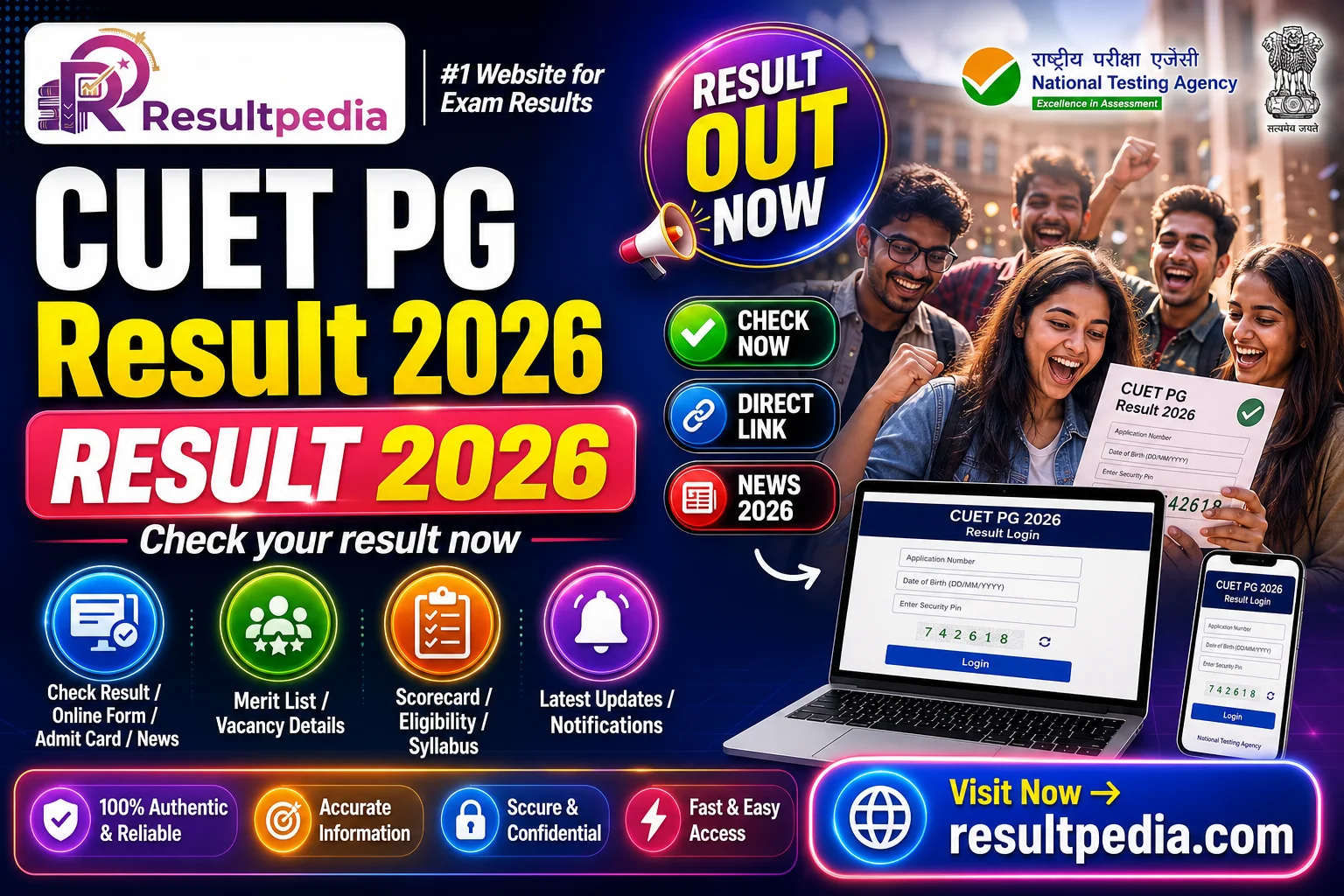 NTA CUET PG Result 2026 — Direct Link Active — Resultpedia banner
