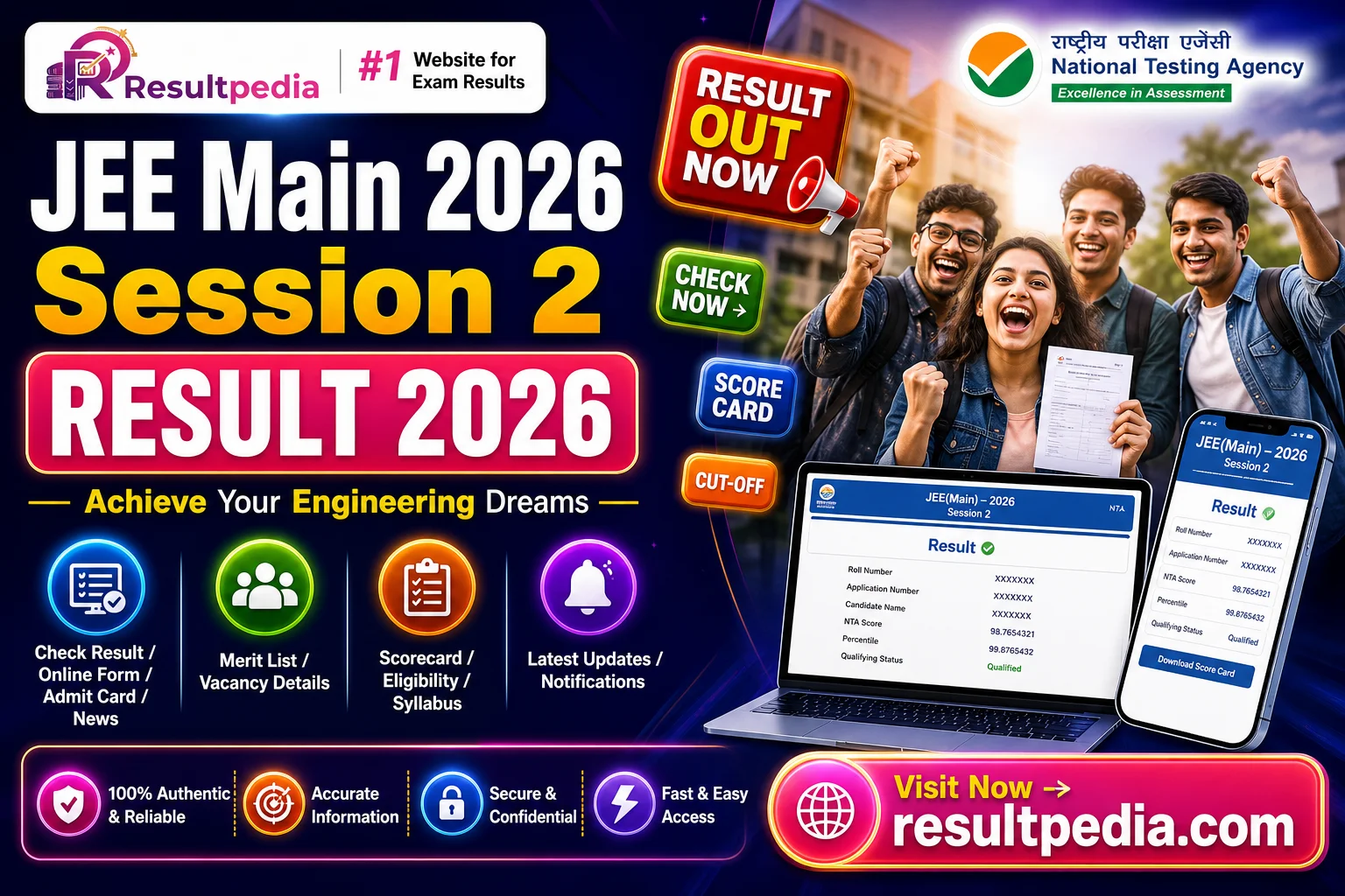 JEE Main 2026 Session 2 Result Declared by NTA — Score Card, Percentile, Cut-Off
