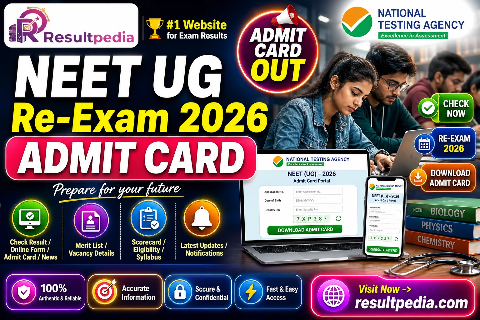NEET UG Re-Exam Admit Card 2026 — Out at neet.nta.nic.in, Re-Test on 21 June — Resultpedia banner