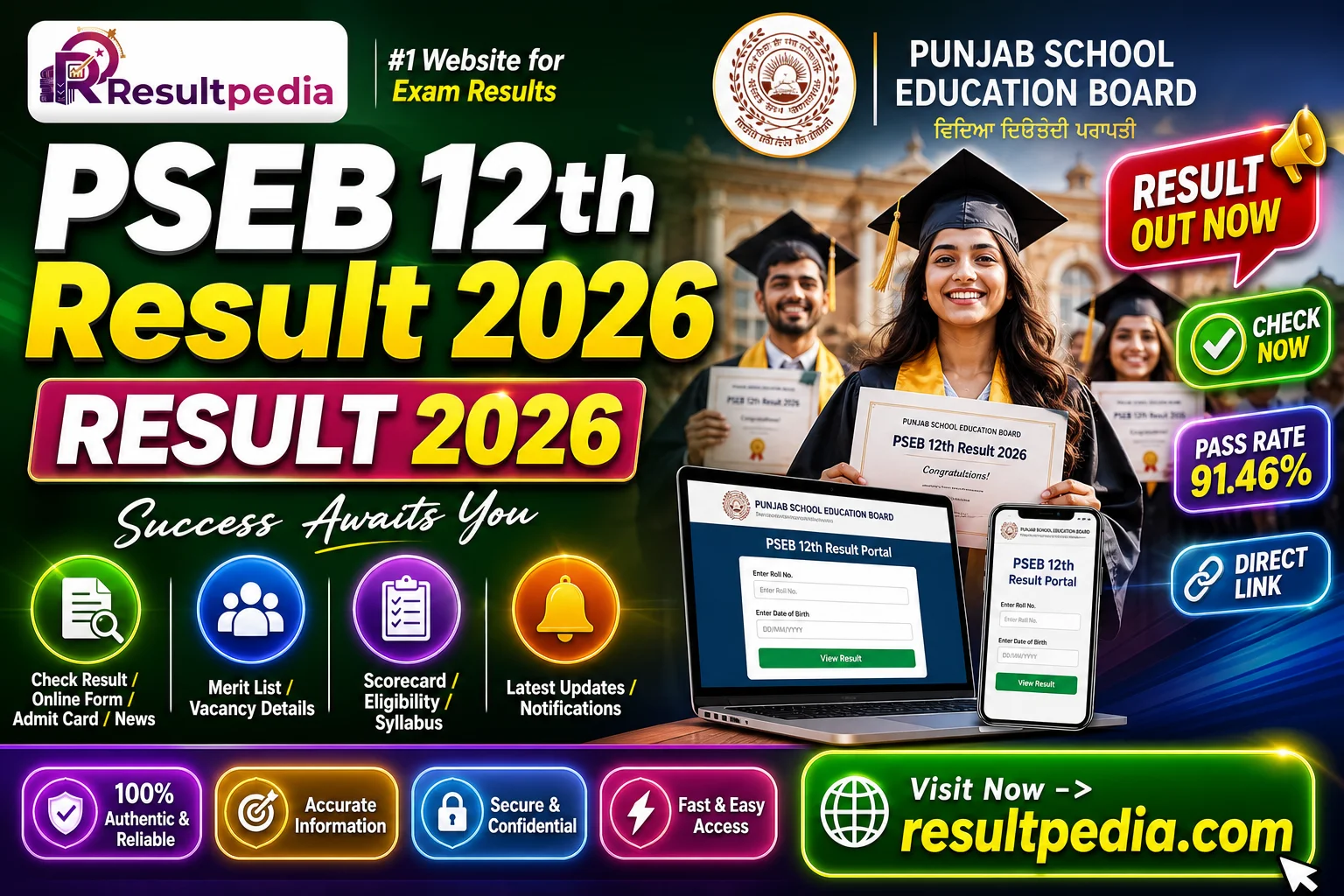PSEB Punjab Board 12th Result 2026 Declared — 91.46% Pass, Direct Link