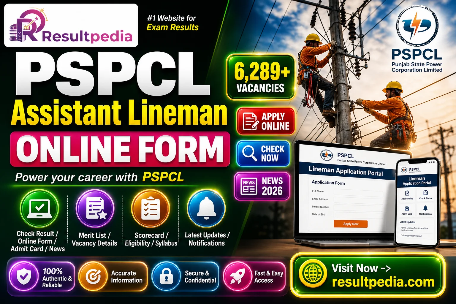 PSPCL Assistant Lineman Online Form 2026 — 6,289 Posts, Apply Now — Resultpedia banner