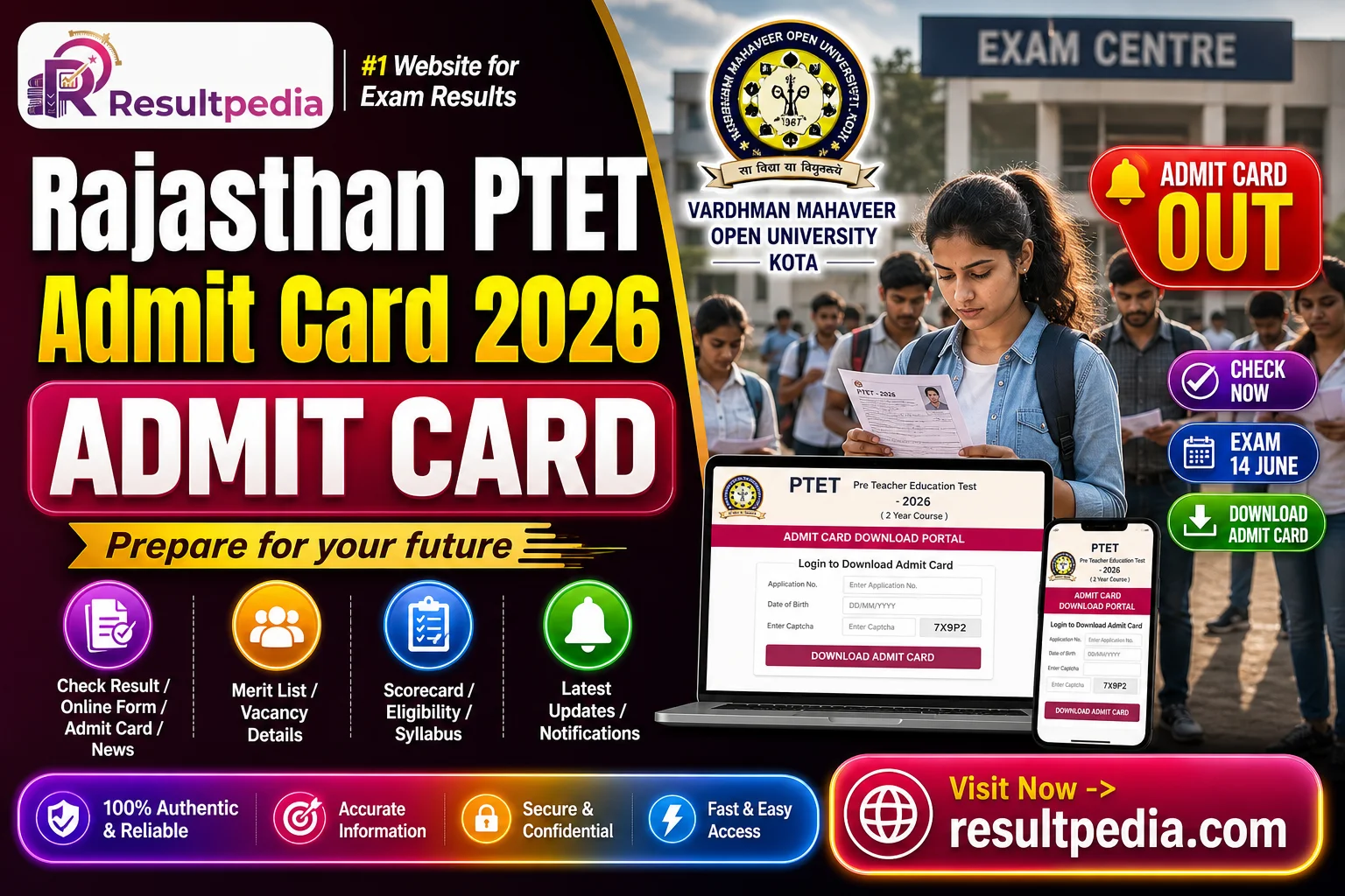 Rajasthan PTET Admit Card 2026 — Exam 14 June (VMOU Kota) — Resultpedia banner