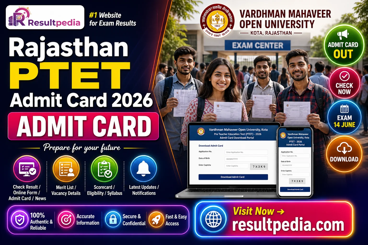 Rajasthan PTET Admit Card 2026 — Exam 14 June (VMOU Kota) — Resultpedia banner