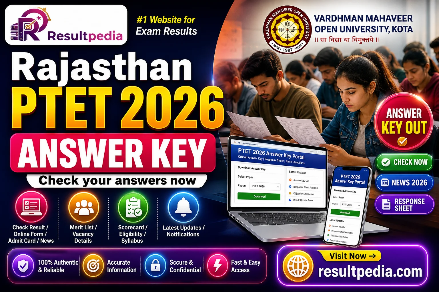 Rajasthan PTET Answer Key 2026 — VMOU Provisional Key & Response Sheet Out — Resultpedia banner